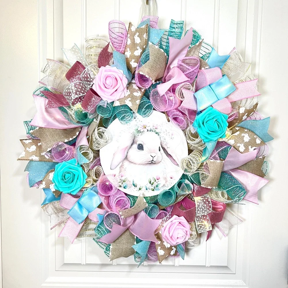 Handmade Spring or Easter Bunny Prelit Ribbon Wreath 22 in LED W22